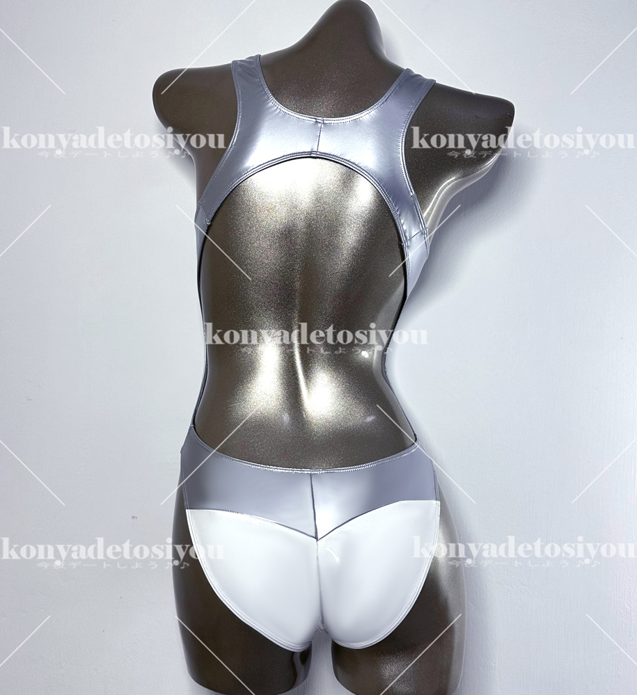 LJH23003 white & silver M-L super lustre high leg Cross back Leotard .. swimsuit cosplay can girl fancy dress photographing . Event costume 