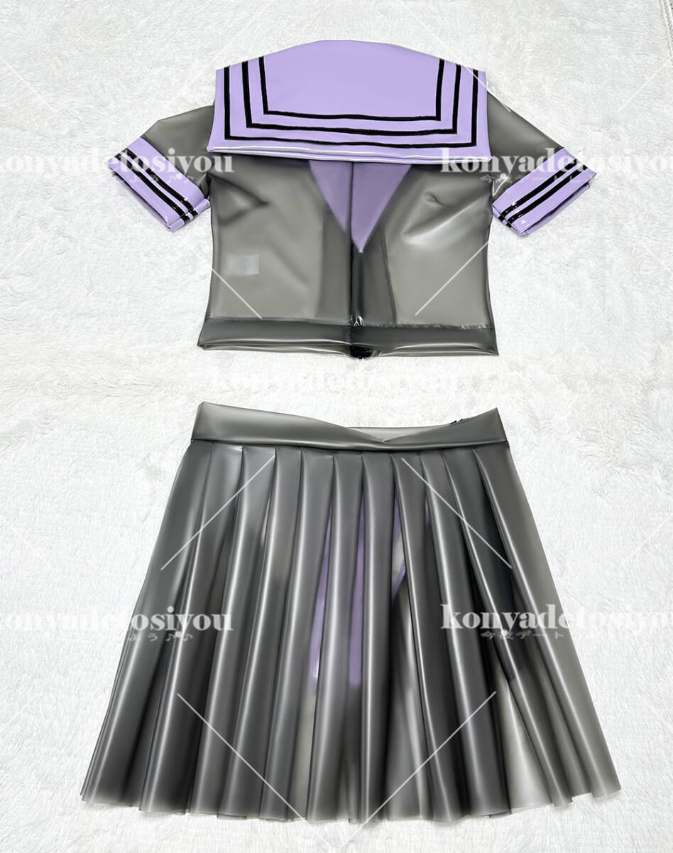 LJH23034黒＆薄紫L-XL 超光沢 スケスケ 可愛いセーラー風トップス+プリーツスカート コスプレ JK 制服 仮装 変装 イベント コスチュームの画像5