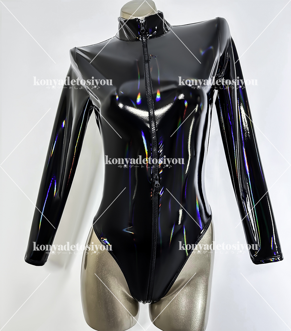 LJH24059彩黒L-XL 超光沢 3頭ファスナー ハイレグレオタード コスプレ RQレースクイーン 体操服 キャンギャル 仮装 イベント コスチューム_画像2