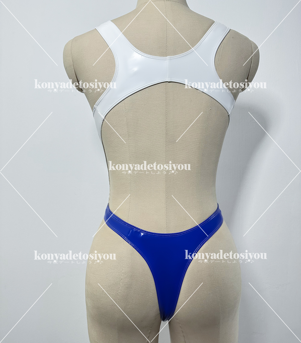 LJH23025 blue & white M-L super lustre high leg Cross back Leotard .. swimsuit cosplay can girl fancy dress photographing . Event costume 