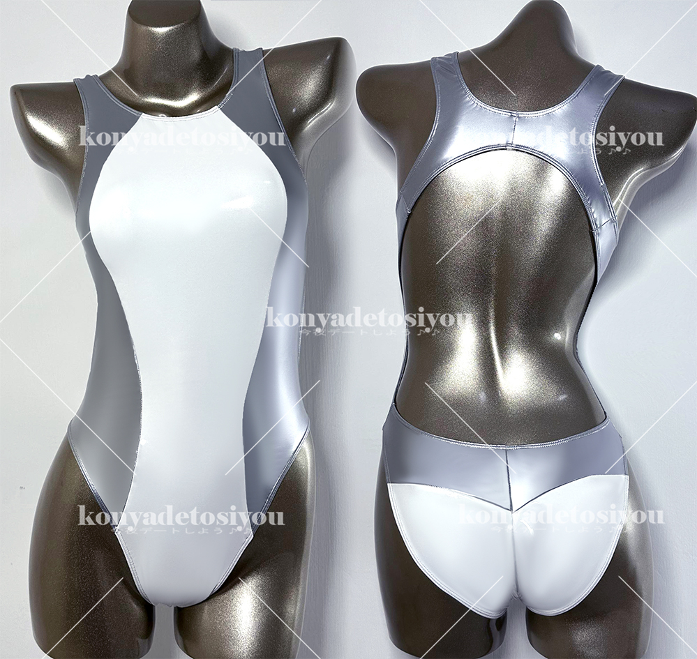 LJH23003 white & silver M-L super lustre high leg Cross back Leotard .. swimsuit cosplay can girl fancy dress photographing . Event costume 