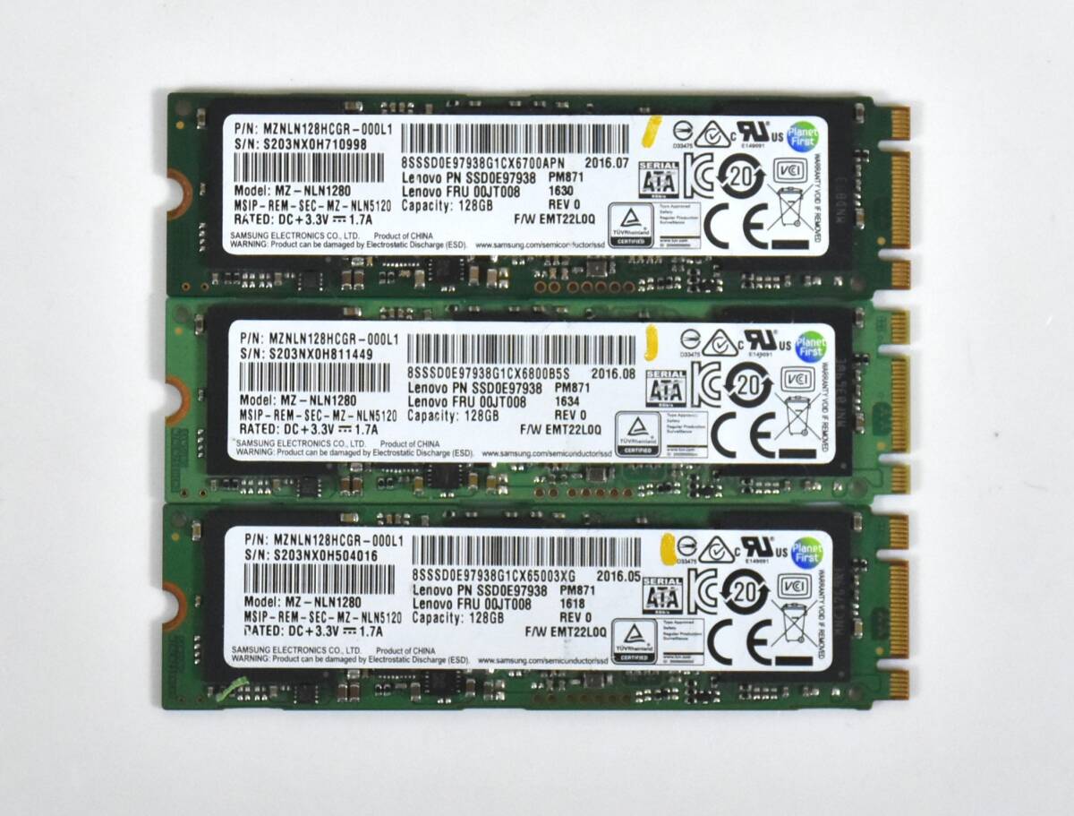 3個セット/SAMSUNG M.2 2280 SSD 128GB /SATA 600/PM871/動作確認済み, 健康状態正常,フォーマット済み/中古品の画像1