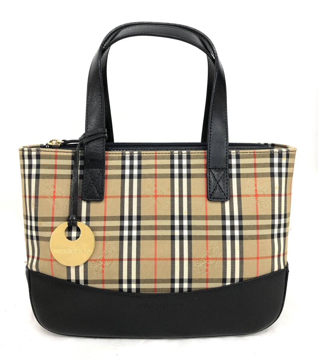 T05/118 極美品 BURBERRY バーバリー ノバチェック PVC ハンドバッグ ゴールド金具 ベージュ/ブラック_画像1