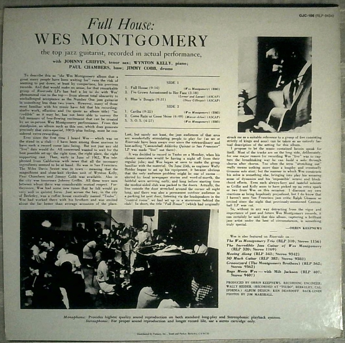 Wes Montgomery - Full House OJC 輸入盤 Wynton Kelly Paul Chambers LP レコード_画像2