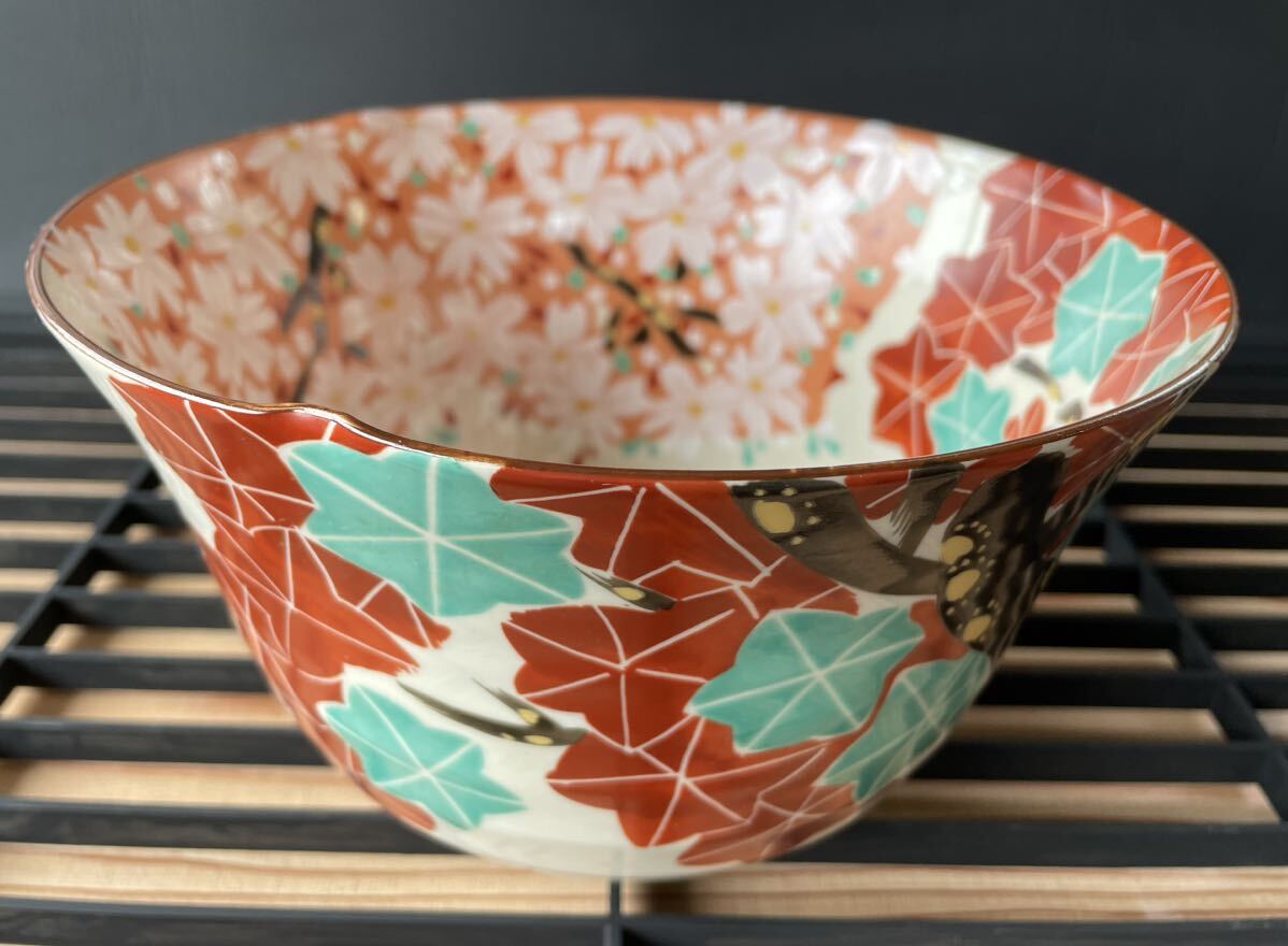 ◆清水焼-菓子茶碗-手描き、季節花・桜・紅葉(大きいサイズの未使用品・美品)_画像5