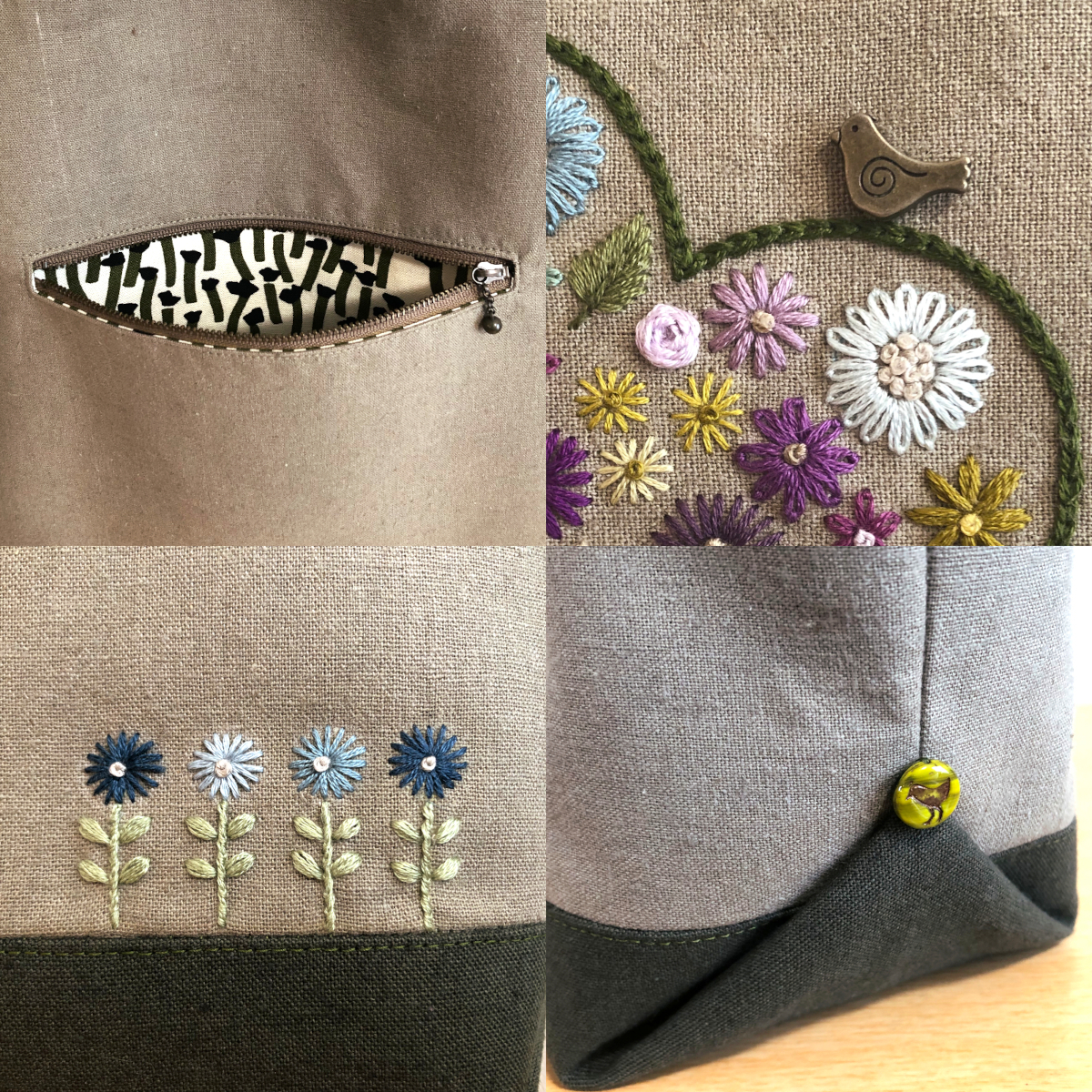 < including carriage > hand made - olive color half linen tote bag tree . flower . small bird ( hand embroidery fastener pocket small bird charm & Czech beads )