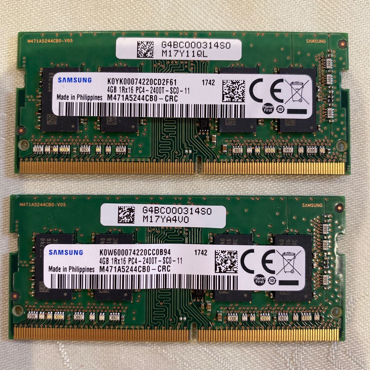 SAMSUNG DDR4 19200 1RX16 PC4 2400T 4GBX2枚セット(8GB)⑰_画像1