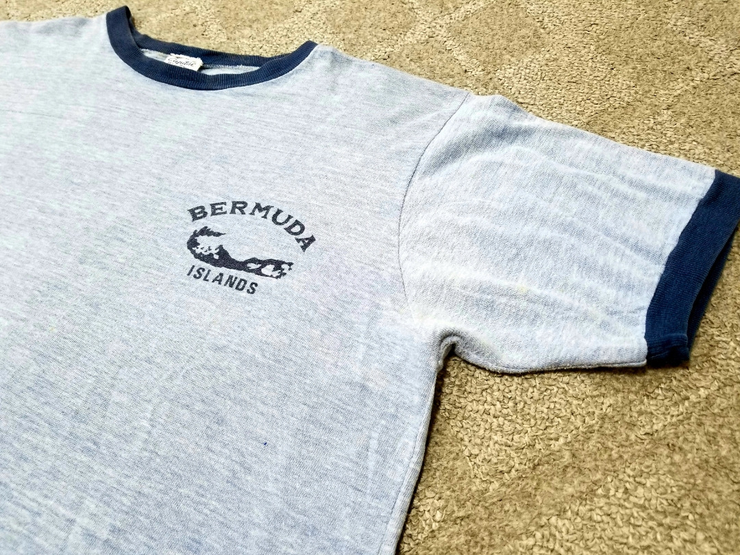 70s ビンテージ capital 青杢 染込みプリント Tシャツ “BERMUDA ISLANDS” XL // アメカジ アメリカ古着_画像1
