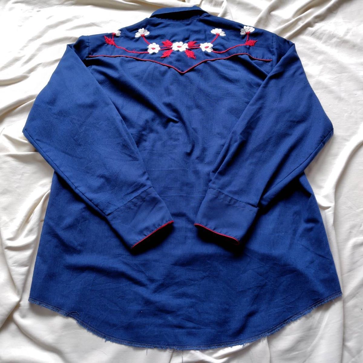 70s 80s メンズXL位 CHUTE#1 ヴィンテージウエスタンシャツ ブルー 青 レトロ 花 刺繍 フラップボタン 