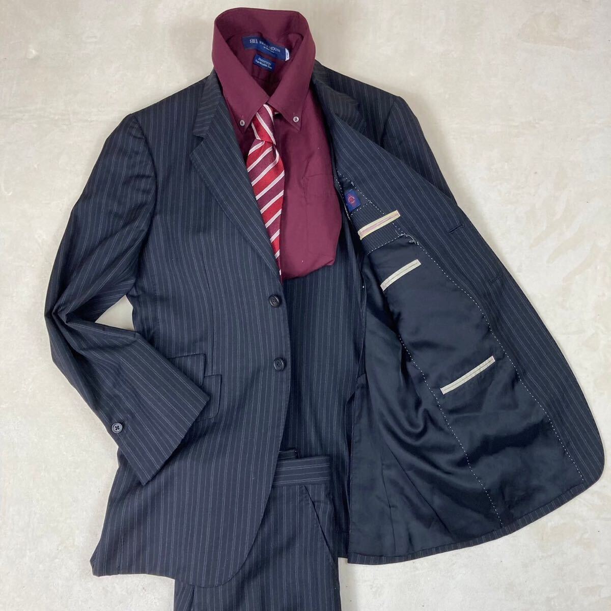  beautiful goods Paul Smith × Ermenegildo Zegna stripe black setup suit top class Italy cloth M tailored jacket unlined in the back 