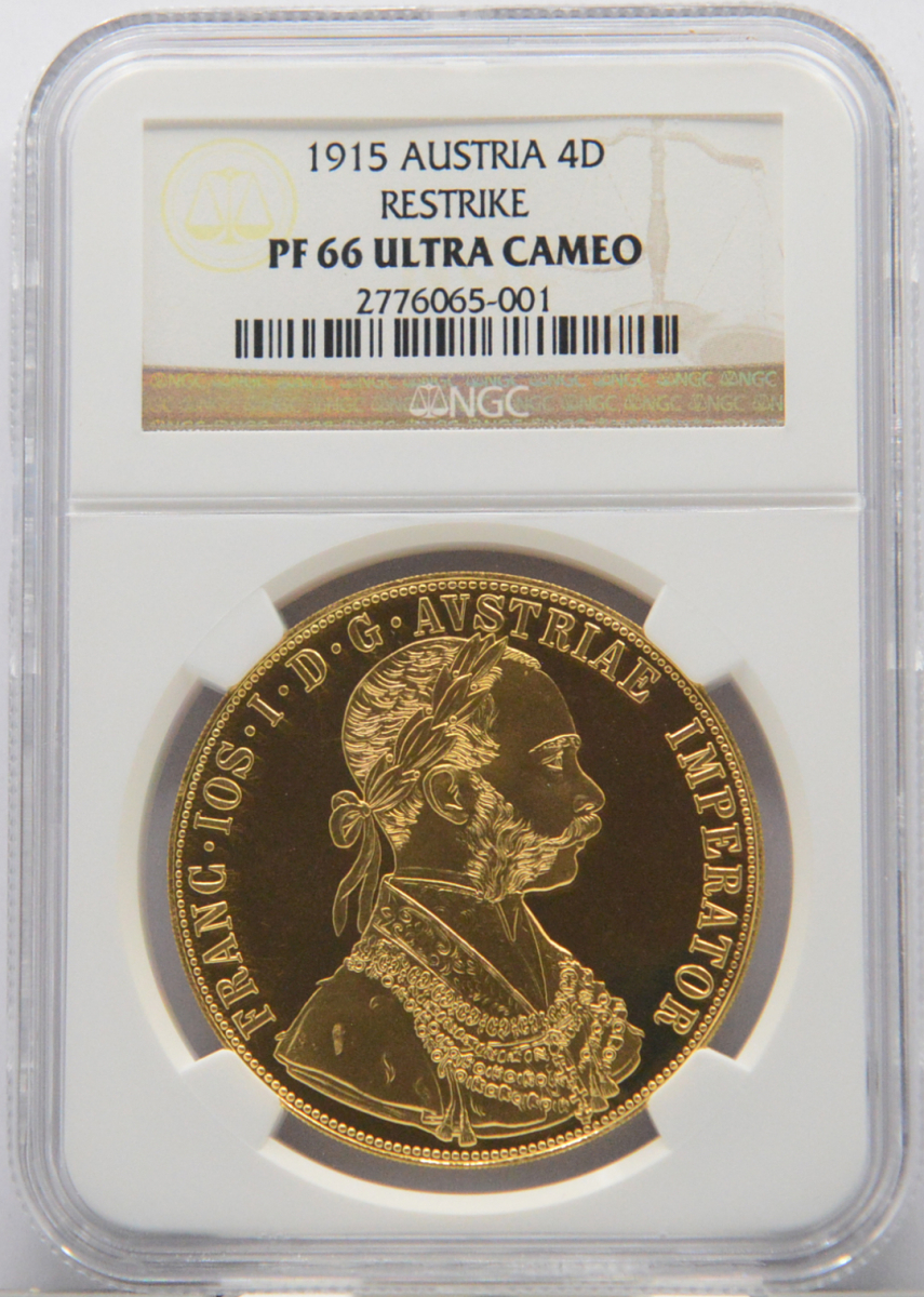 貴重なプルーフコイン PF66 ULTRA CAMEO オーストリア 4ダカット 金貨 1915年 フランツ・ヨーゼフ1世 NGC リストライク アンティークコイン_画像1