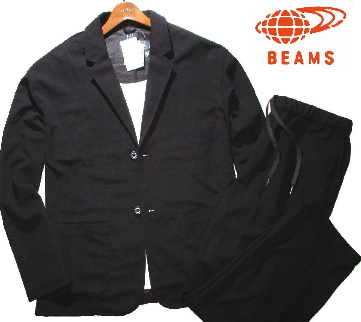 新品ラス1 春物 XL ▼ ビームス BEAMS HEART ライトポンチ スーツ ルーズフィット テーラードジャケット パンツ セットアップ メンズ LL 黒_画像1