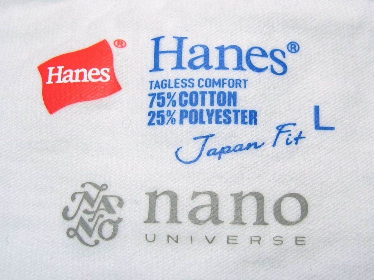 新品 2枚セット L ▼ Hanes ヘインズ × ナノユニバース 別注 ▼ 丸首 Ｖネック JAPAN-FIT仕様 Ｔシャツ 白 メンズ コットン_画像4