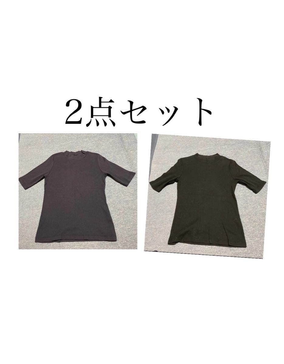 【2点セット】ユニクロリブネックTシャツ（5分袖）綿100%