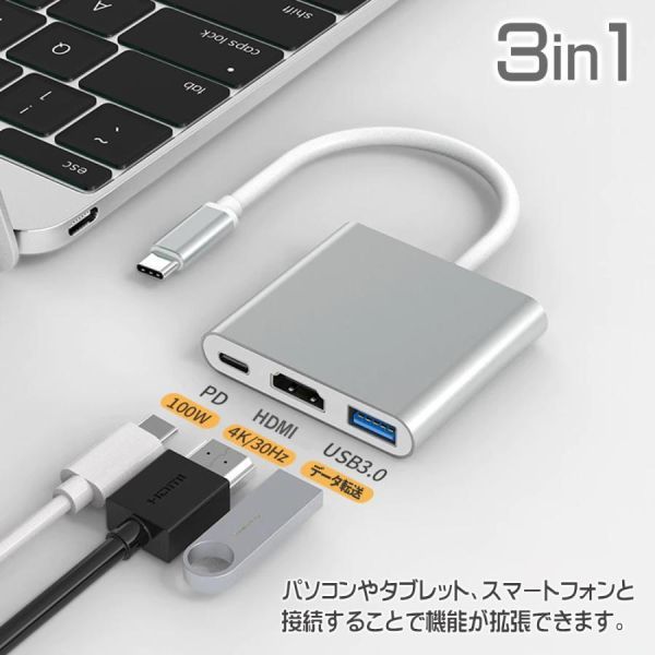 送料無料 USBハブ Type-C 3in1 PD100W対応 4K対応HDMIポート USB3.0ポート 高速 軽量 1014黒　1015銀_画像2