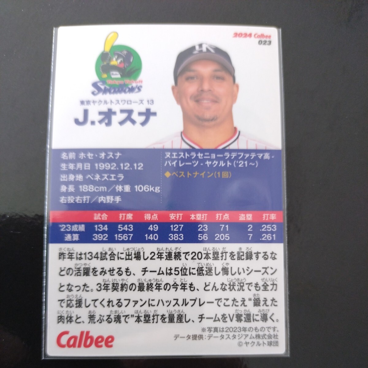 カルビープロ野球チップス2024第一弾レギュラーカード023　東京ヤクルトスワローズ　J.オスナ_画像2