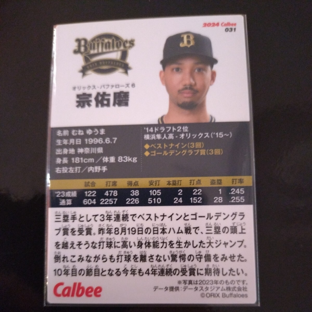 カルビープロ野球チップス2024第一弾レギュラーカード031　オリックスバファローズ　宗佑磨_画像2