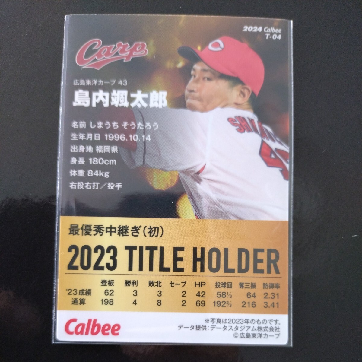 カルビープロ野球チップス2024第一弾タイトルホルダーカードT-04　広島東洋カープ　島内颯太郎_画像2