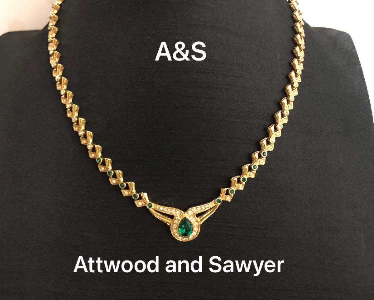Attwood and Sawyer A&S ヴィンテージ ネックレス　グリーン　ラインストーン　ゴールドトーン　イギリス