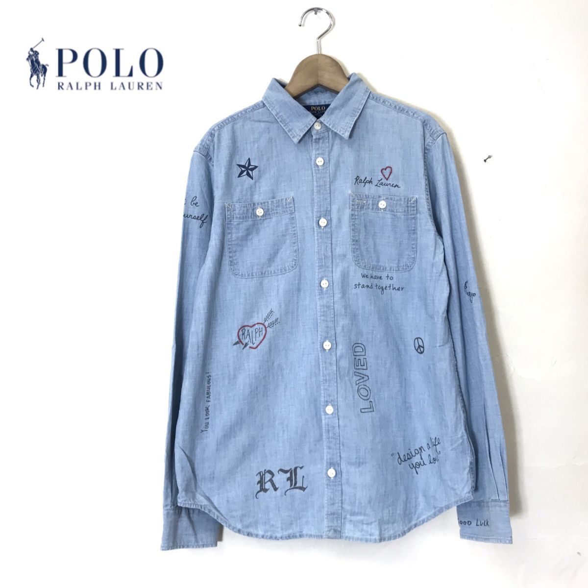 G71-N◆ POLO Ralph Lauren ポロラルフローレン シャンブレーシャツ 長袖◆ size16 (155) ブルー系 コットン キッズ レディースの画像1