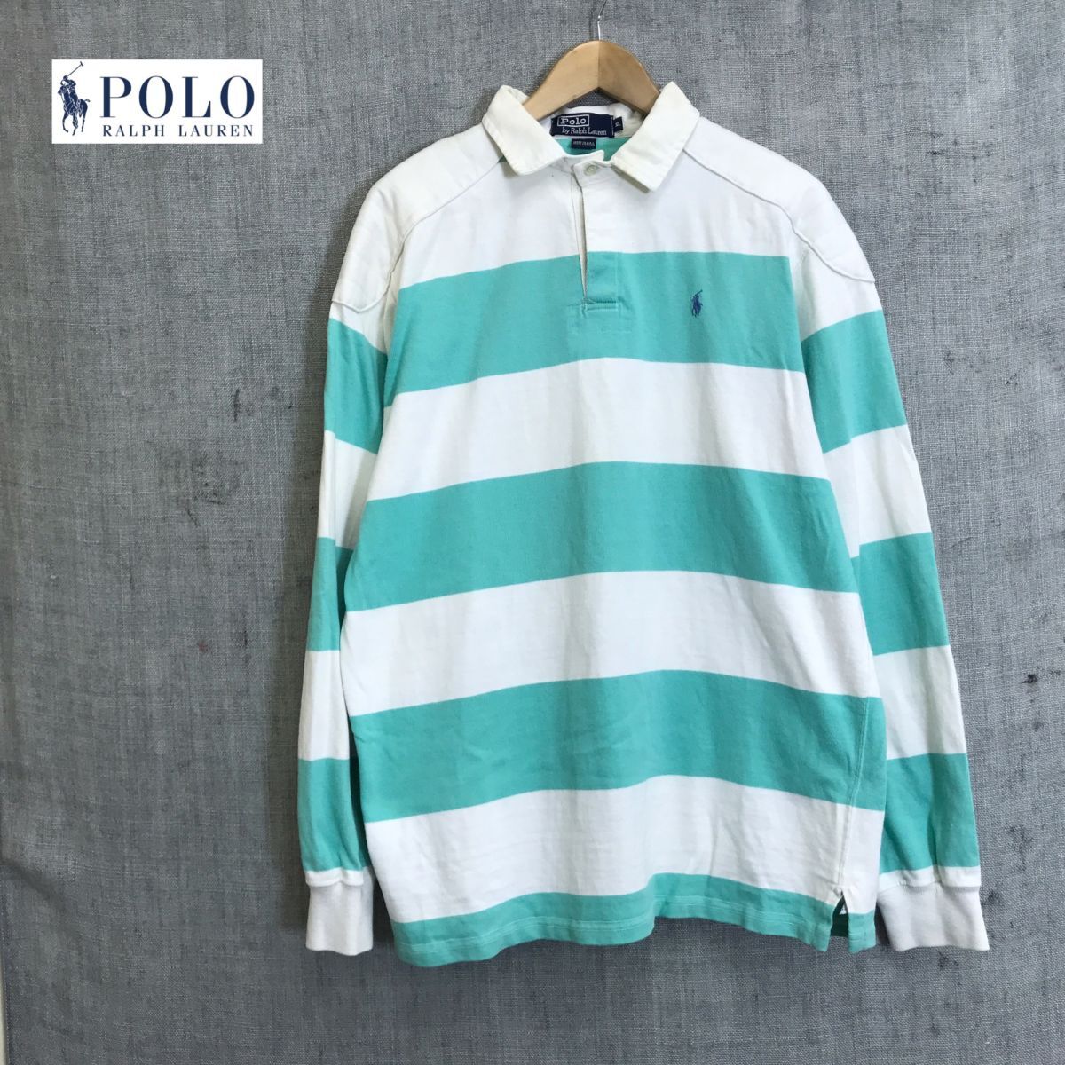 A2715-N◆old◆USA製 POLO Ralph Lauren ポロラルフローレン ラガーシャツ 長袖 ポロシャツ ショルダーパッチ◆ sizeXL ブルー ボーダー 綿の画像1