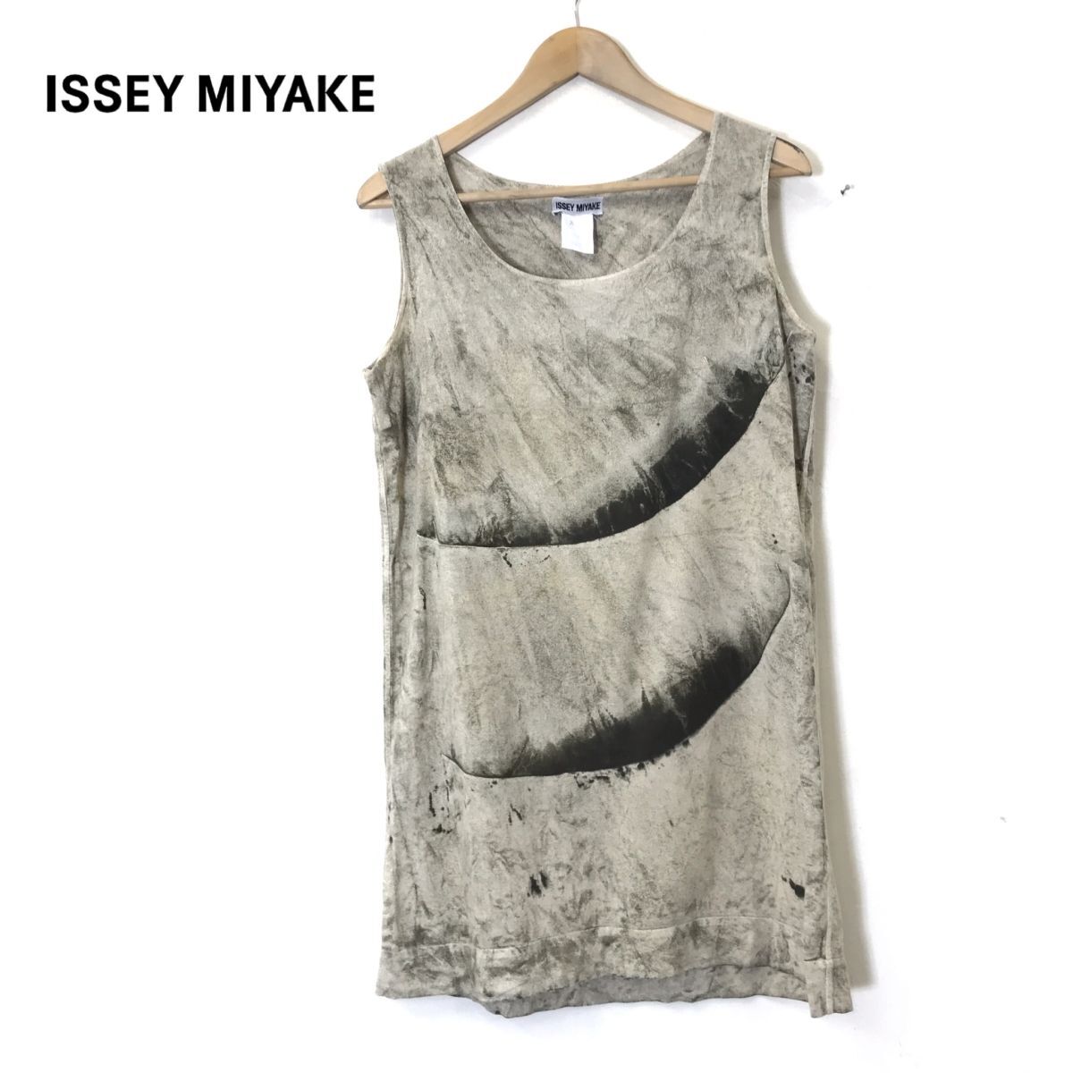 G223-D◆old◆ ISSEY MIYAKE イッセイミヤケ ノースリーブカットソー ロング ワンピース◆ sizeM カーキ系 コットン100 レディースの画像1