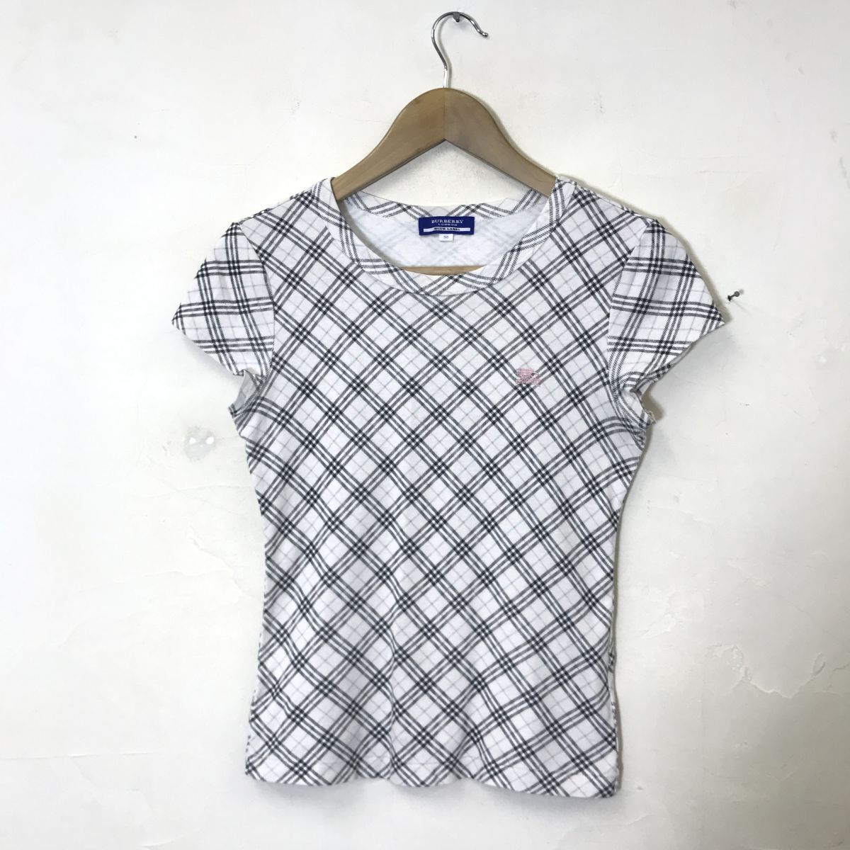 G21-U-S◆BURBERRY BLUE LABEL バーバリーブルーレーベル Tシャツ 半袖 ぴったりめ チェック柄 刺繍ロゴ トラッド◆size38 白 黒 ピンク 綿の画像2