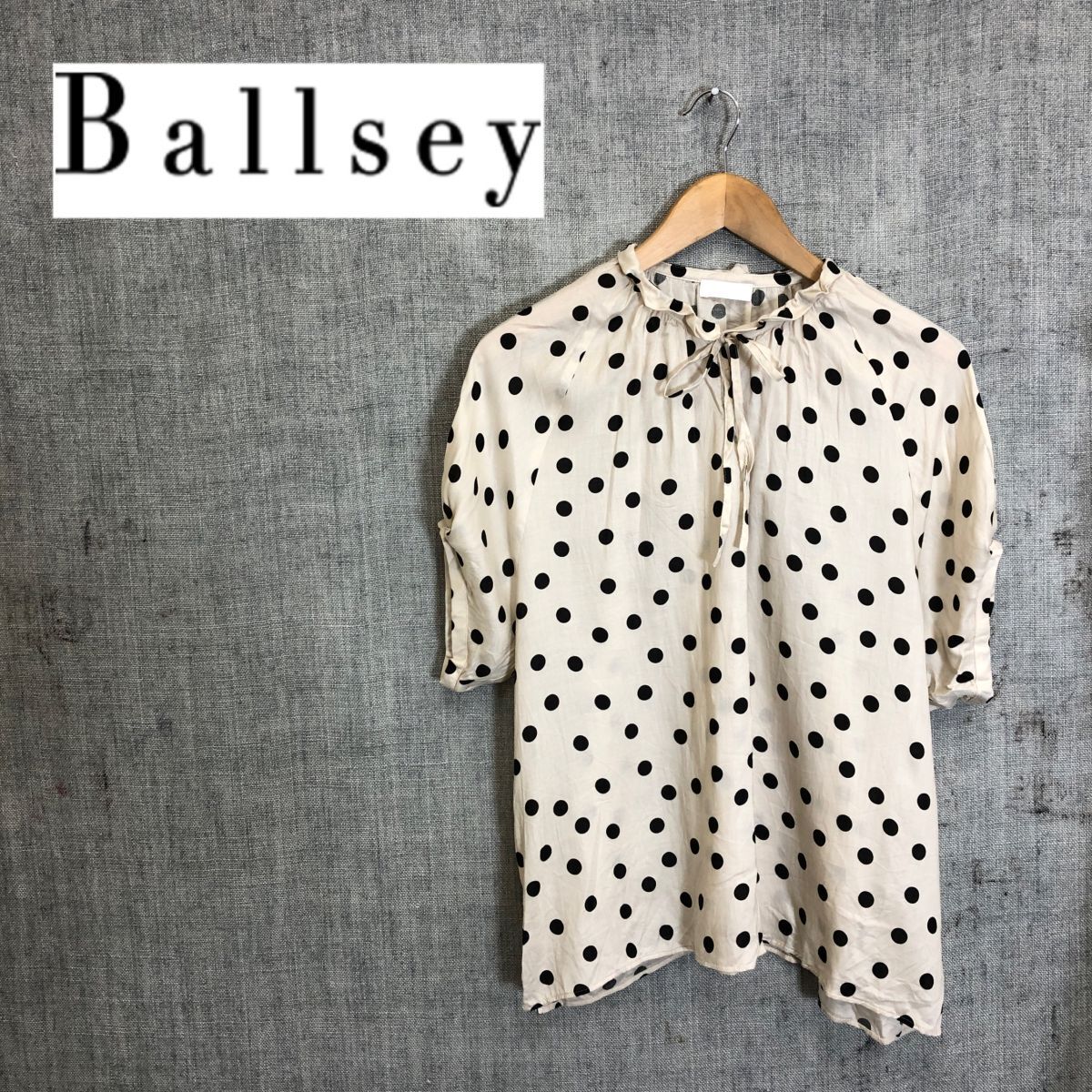 G361-G*ballsey Ballsey blouse *size36 dot pattern beige black lady's tops short sleeves ribbon frill shirt summer clothing ga- Lee 