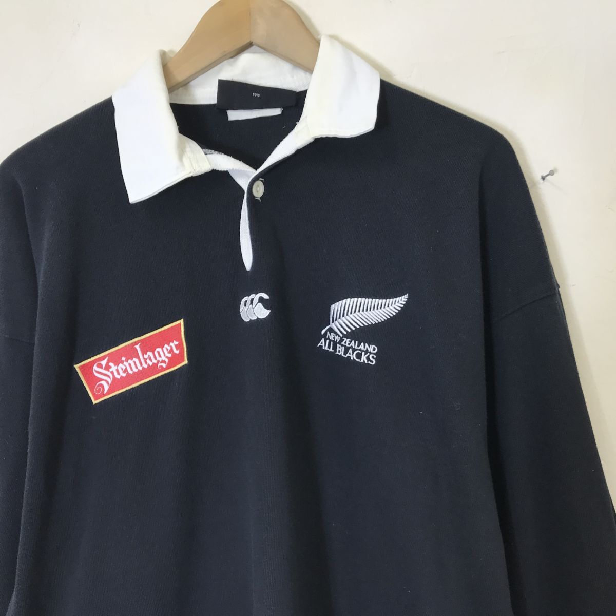 G509-N*old* CANTERBURY canterbury Rugger shirt long sleeve Logo embroidery NEW ZEALAND ALL BLACKS rugby *sizeL black cotton 