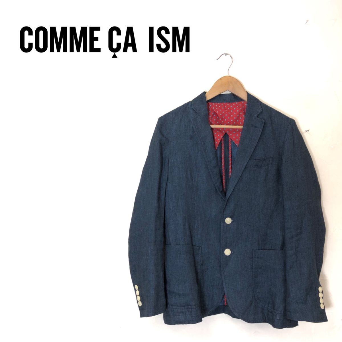 G951-G-N◆美品◆comme ca ism コムサイズム ジャケット◆sizeS 綿100% 麻100% ネイビー 無地 メンズ アウター 長袖 スーツ デニム ボタン_画像1