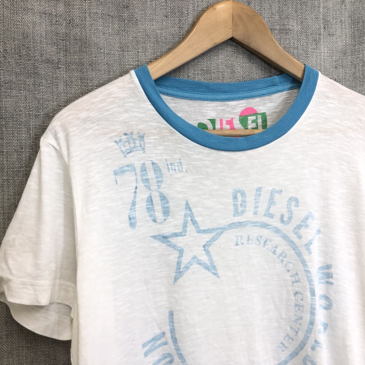 G1017-O◆ DIESEL ディーゼル Tシャツ トリム プリント 半袖 トップス◆sizeL コットン ホワイト 白 ブルー_画像3