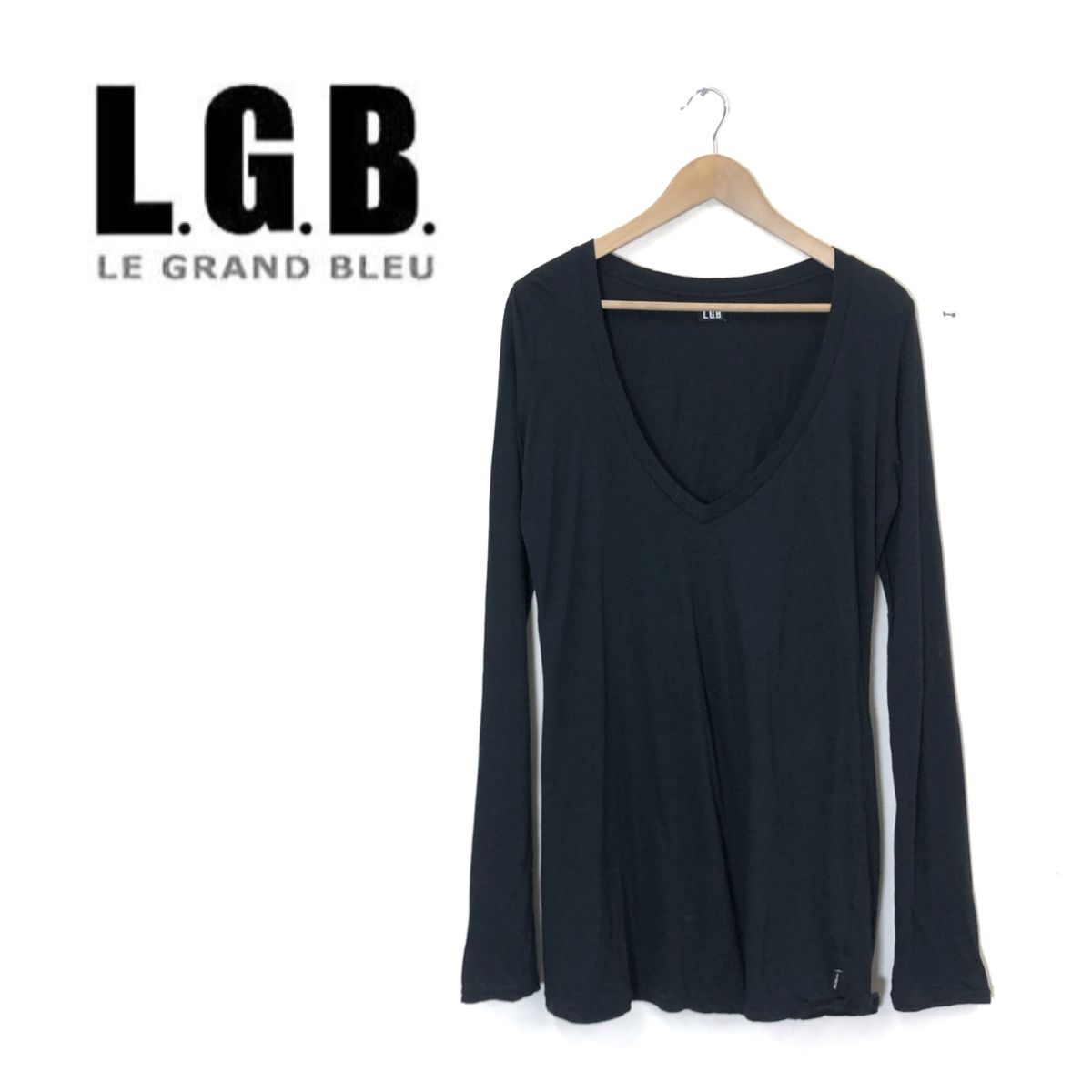 G1013-O◆日本製◆ L.G.B. ルグランブルー ロングTシャツ Vネック 長袖 トップス◆size1 コットン シルク ブラック 黒_画像1