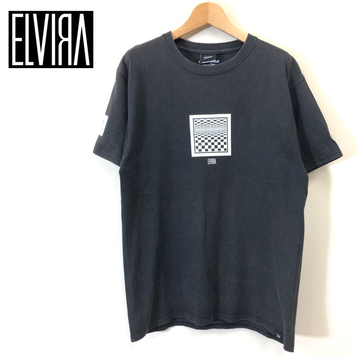 G538-F◆ ELVIRA エルヴィラ Champion チャンピオン 半袖Tシャツ カットソー プリント ◆ sizeM コットン100 ブラック 古着 メンズ 春夏_画像1