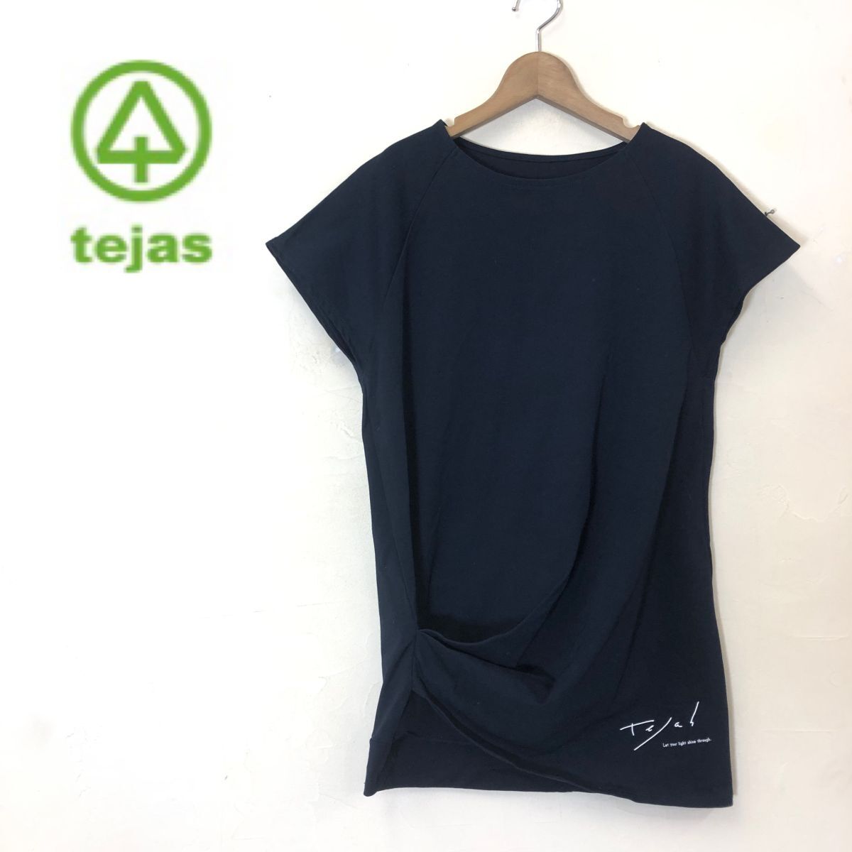 G822-K◆良品 日本製 tejas テジャス フレンチスリーブデザインTシャツ◆sizeFree ネイビー ヨガウエア ロゴプリント ボートネック_画像1