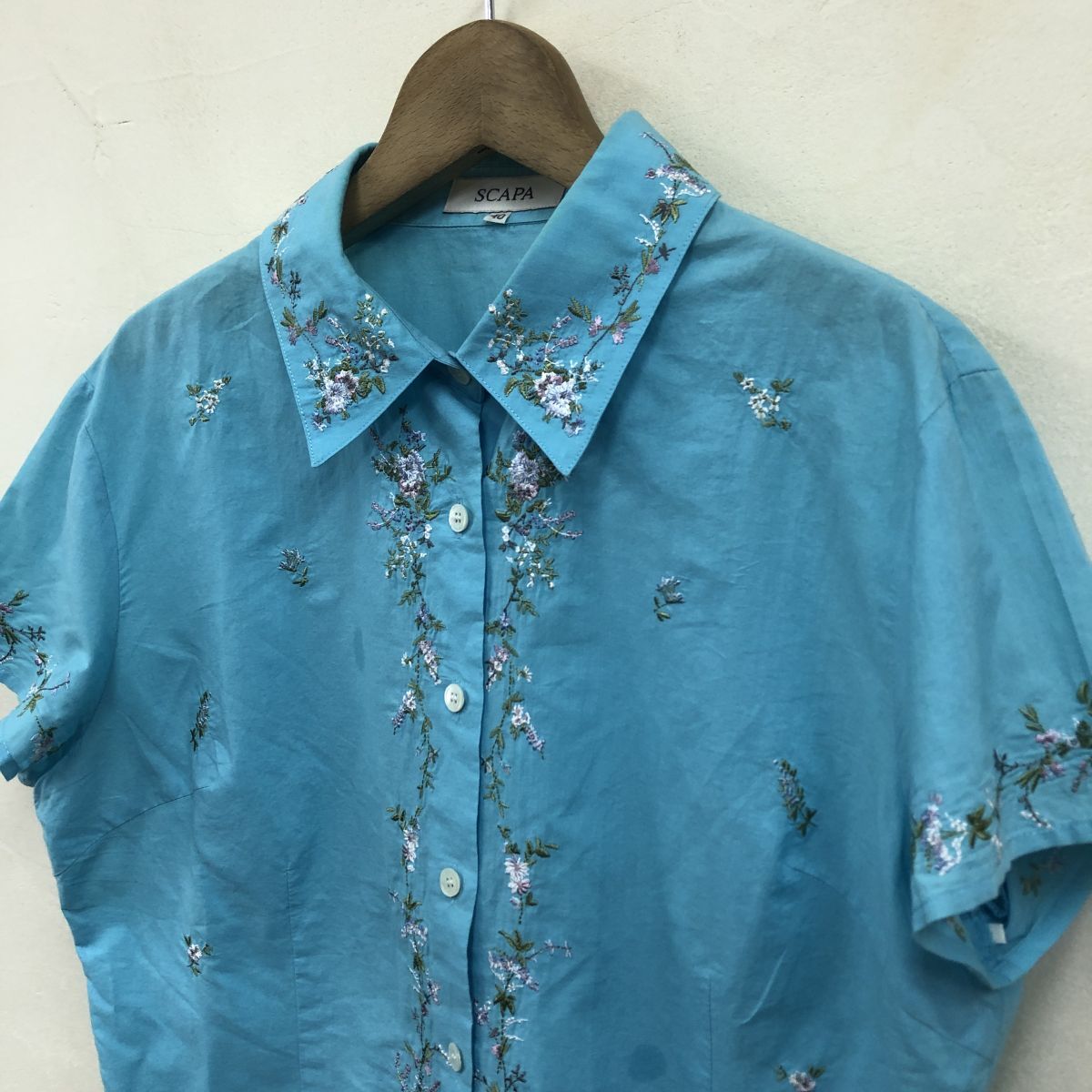 G469-K*SCAPA Scapa short sleeves shirt *size40 light blue floral print embroidery cotton 100% casual thin lady's front opening side slit ...