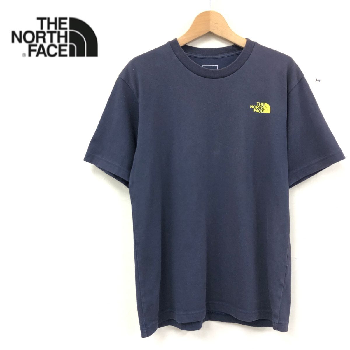 G458-J◆THE NORTH FACE ノースフェイス プリント半袖Tシャツ◆ネイビー×イエロー サイズS メンズ レディース トップス カットソー 春夏秋_画像1