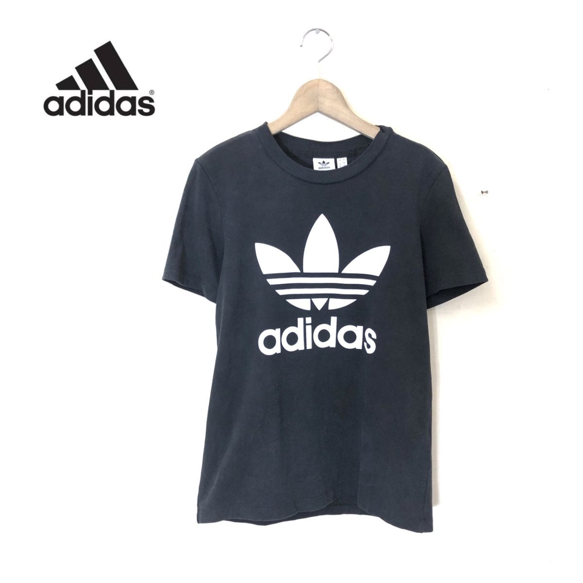 G880-T◆adidas アディダス 半袖Tシャツ ロゴプリント クルーネック プルオーバー ステッチ◆sizeM ブラック メンズ トップス コットン_画像1