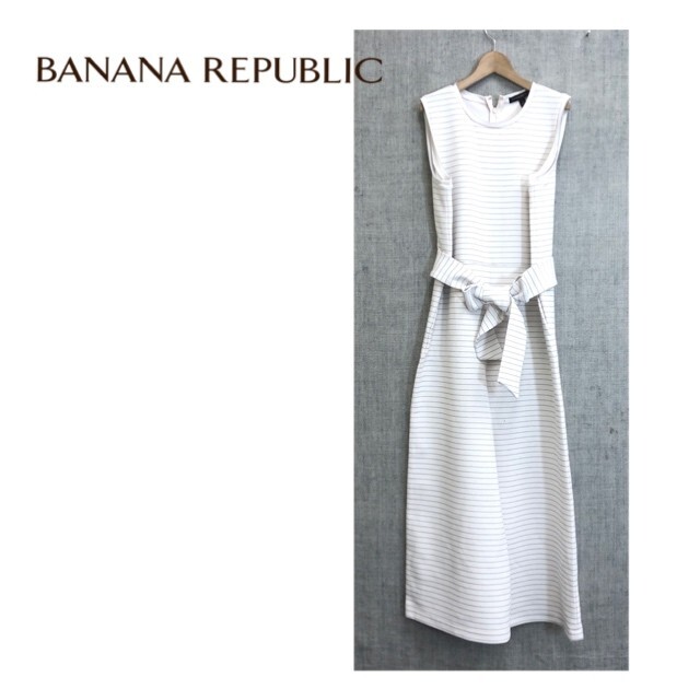 G1020-O◆美品◆ BANANA REPUBLIC バナナリパブリック オールインワン つなぎ ボーダー ワイドパンツ ノースリーブ◆size6 ホワイト_画像1