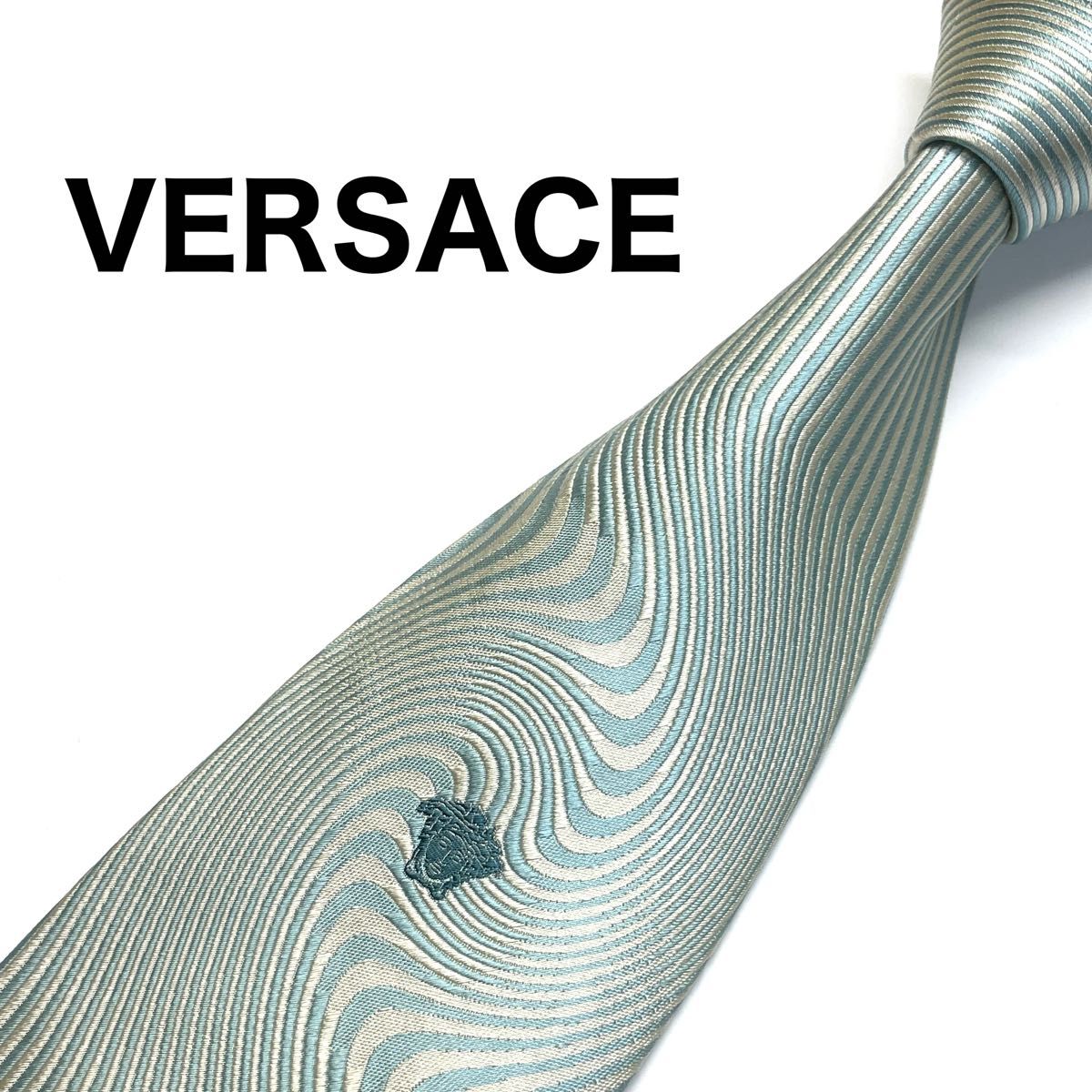 極美品 ジャンニヴェルサーチ ネクタイ ホワイトライトグリーン ロゴ シルク  VERSACE  総柄  ブランドネクタイ