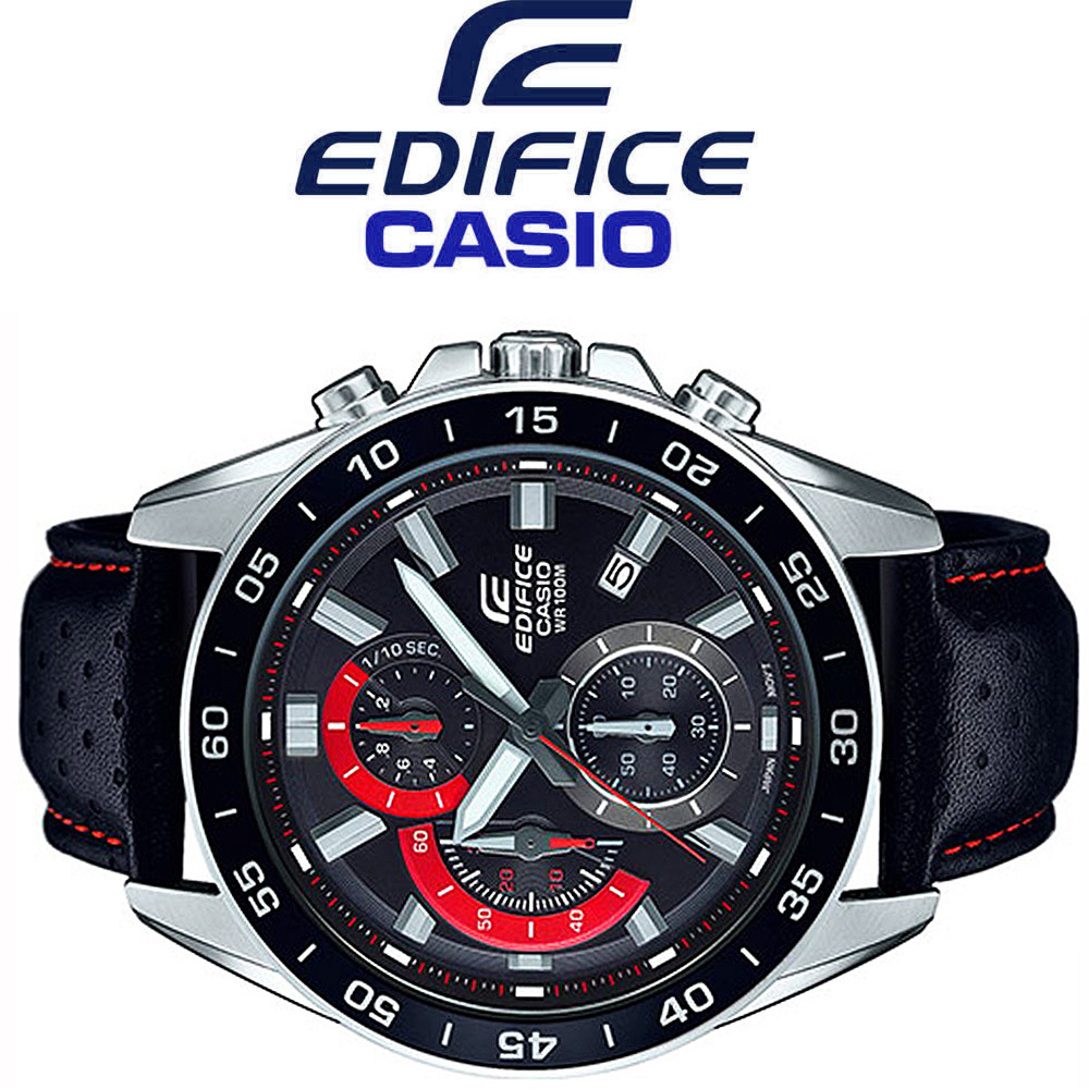  new goods 1 jpy Casio reimport EDIFICE Edifice Europe and America model .. black & red 100m waterproof chronograph wristwatch unused CASIO men's genuine article 