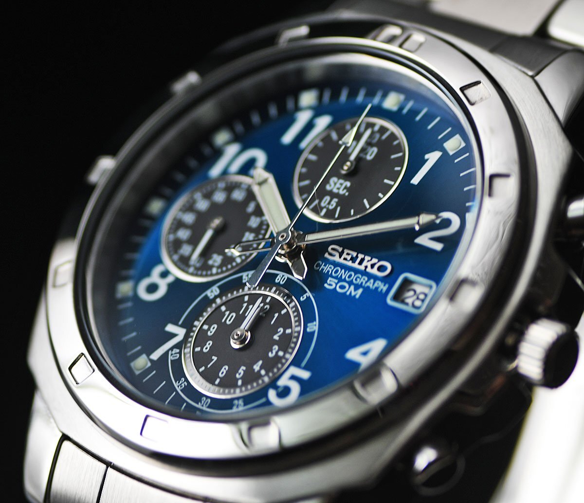 セイコー新品1円 逆輸入 ブルーメタリック メーカー正規1年保証 純正箱付き 50m防水 クロノグラフ 腕時計 未使用 SEIKO メンズの画像6