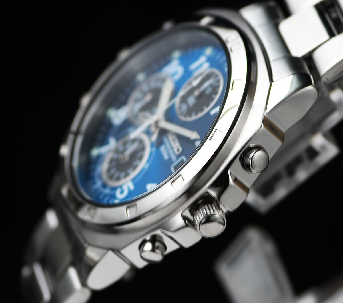 セイコー新品1円 逆輸入 ブルーメタリック メーカー正規1年保証 純正箱付き 50m防水 クロノグラフ 腕時計 未使用 SEIKO メンズの画像4