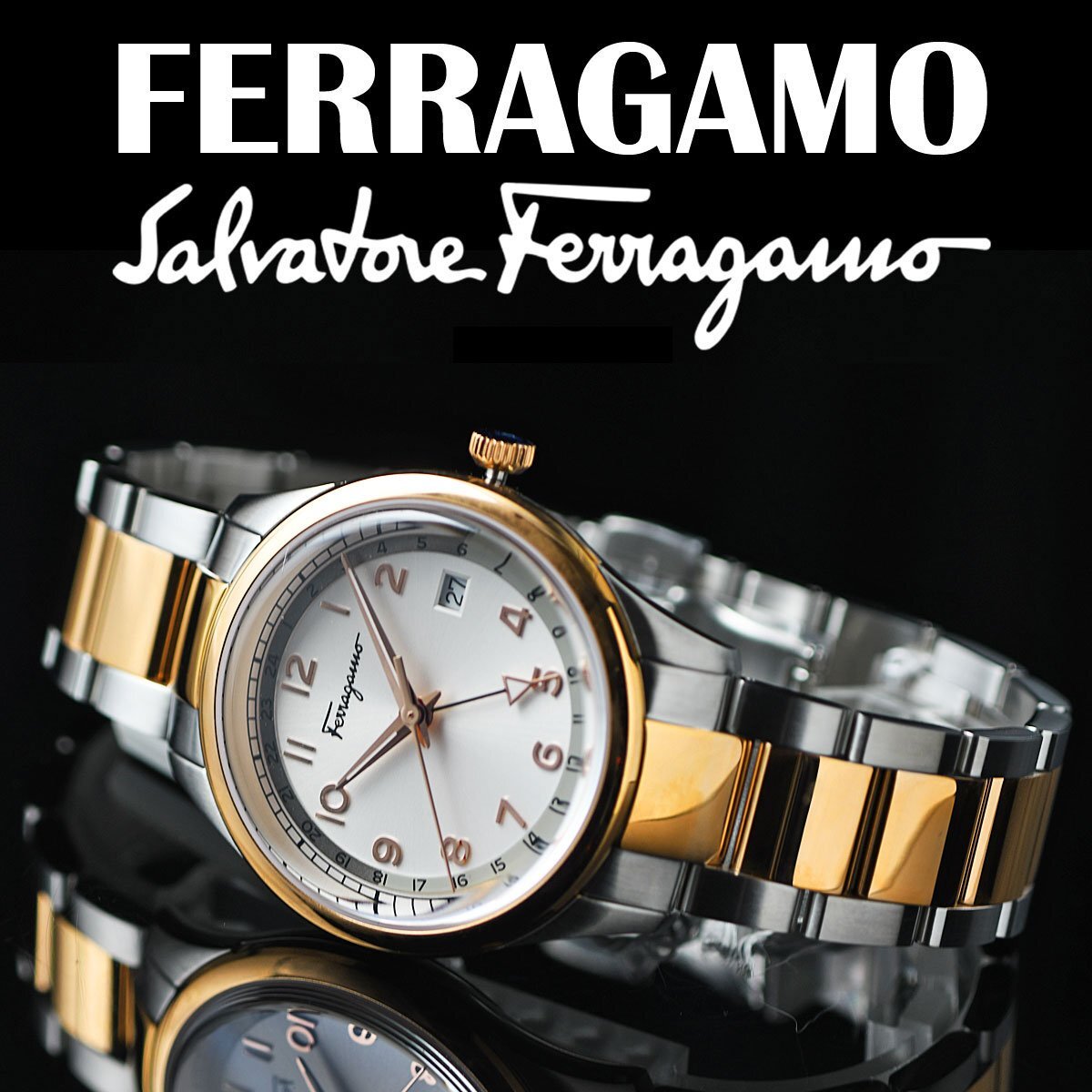  new goods 1 jpy Ferragamo high class Italy brand no. 2 hour display GMT with function Switzerland made wristwatch 50m waterproof sapphire glass FERRAGAMO men's unused genuine article 