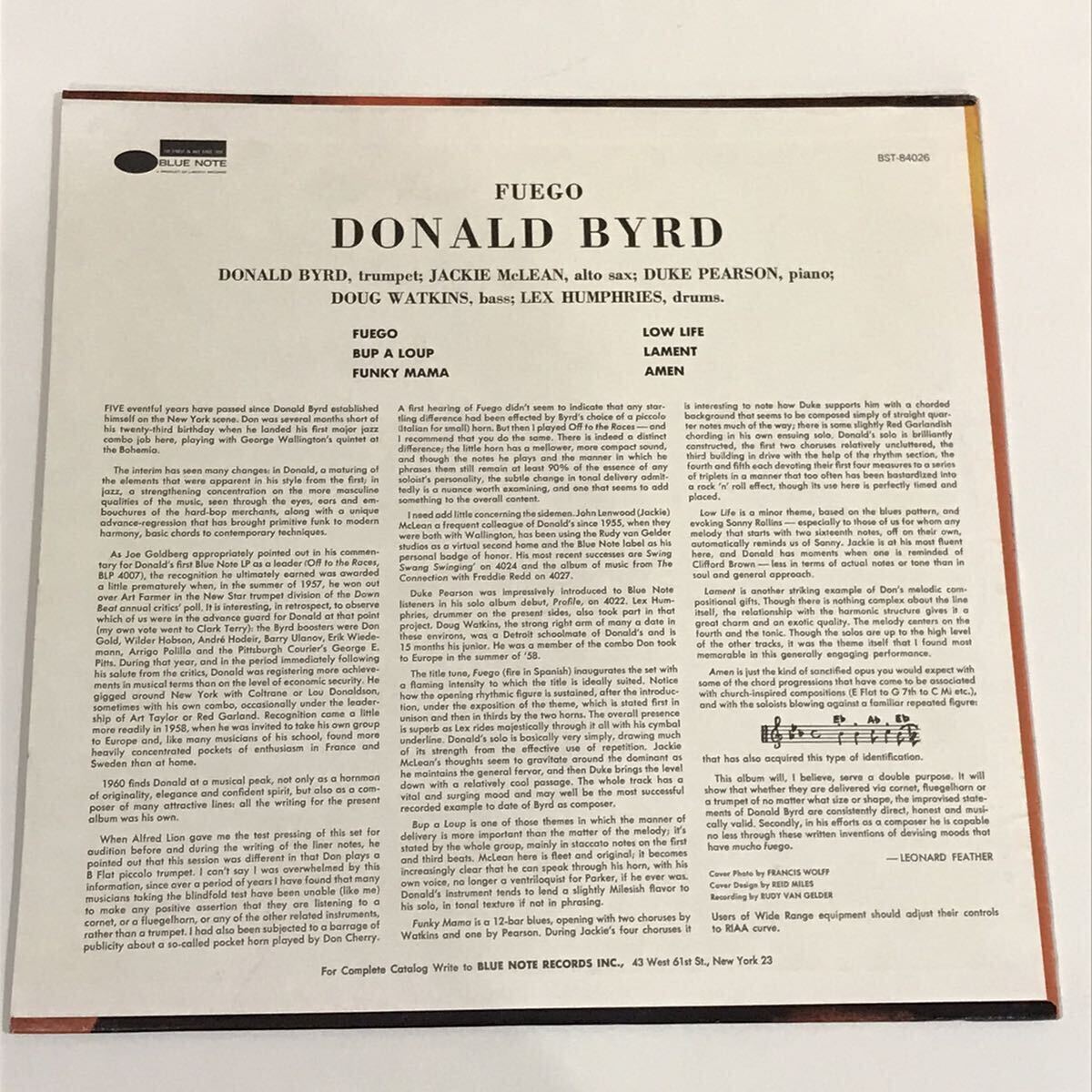 “RVG”刻印入り US盤 DINALD BYRD / FUEGO on BLUE NOTE RECORDS JACKIE McLEAN DUKE PEARSON DOUG WATKINS LEX HUMPHRIES EX+_画像2