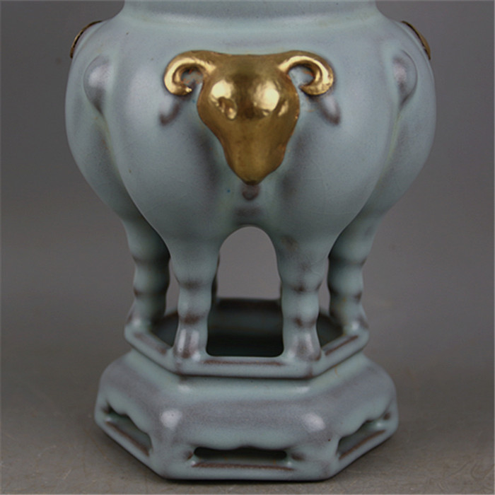 多寶屋】CD03◇宋時代汝窯宋徽宗款包金羊頭尊花入逸品□-
