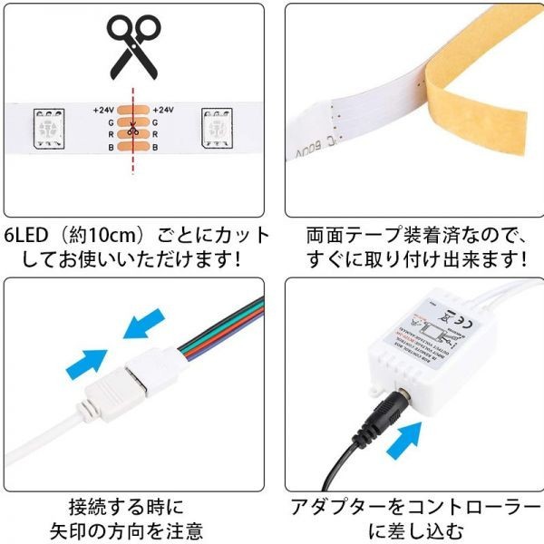 LEDテープライト RGB フルカラ リモコン付 24V 5M 5050SMD 白ベース 300連 切断可 防水 両面テープ付 正面発光 イルミネーション DD15setの画像5