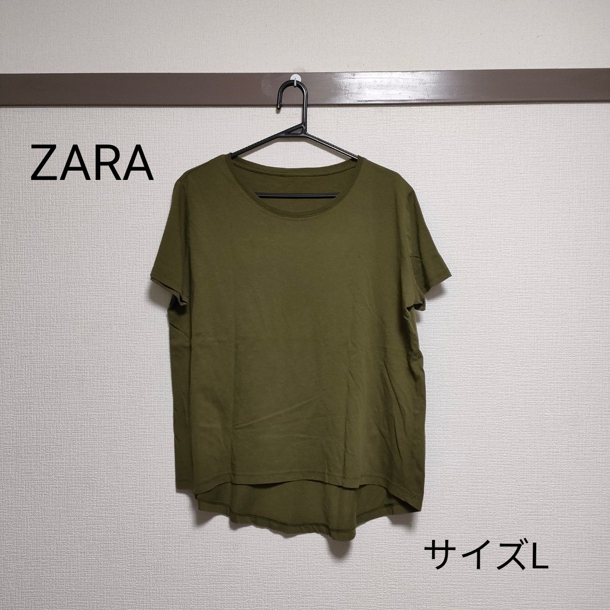 ZARA　 カットソー 半袖 Tシャツ　 クルーネック　カーキ色　コットン100％  　 半袖カットソー　サイズL