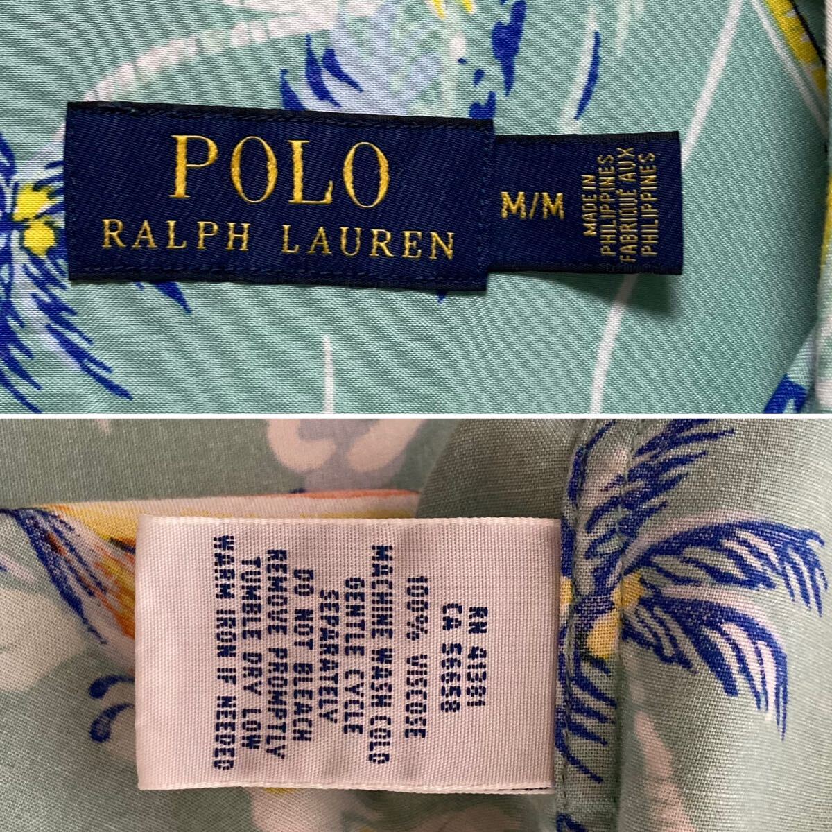 POLO Ralph Lauren ポロ ラルフローレン 総柄 アロハ シャツ ハワイアン レーヨン オープンカラー 開襟 カジキ 魚 ヤシ ボタニカル M_画像4