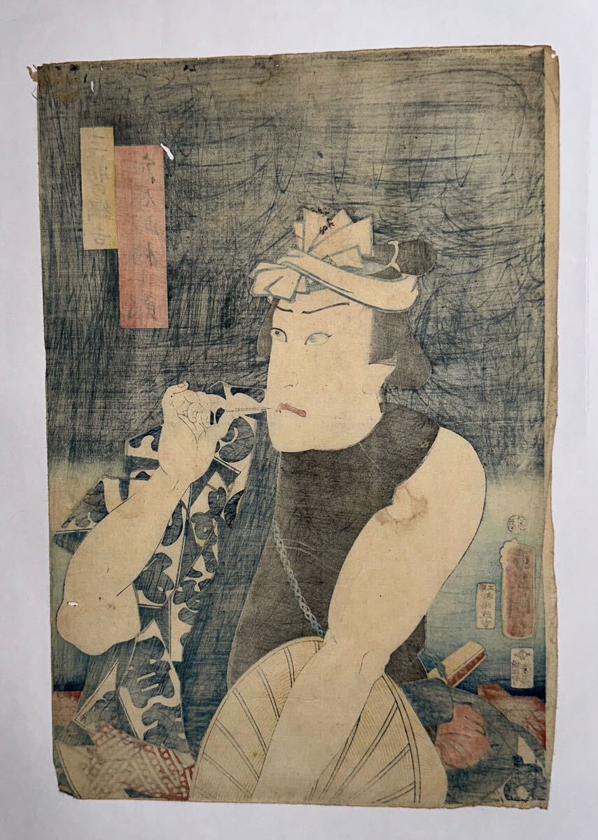 【真作】歌川国貞「三筋の綱吉 河原崎権十郎」本物 浮世絵 大判 錦絵 木版画_画像2