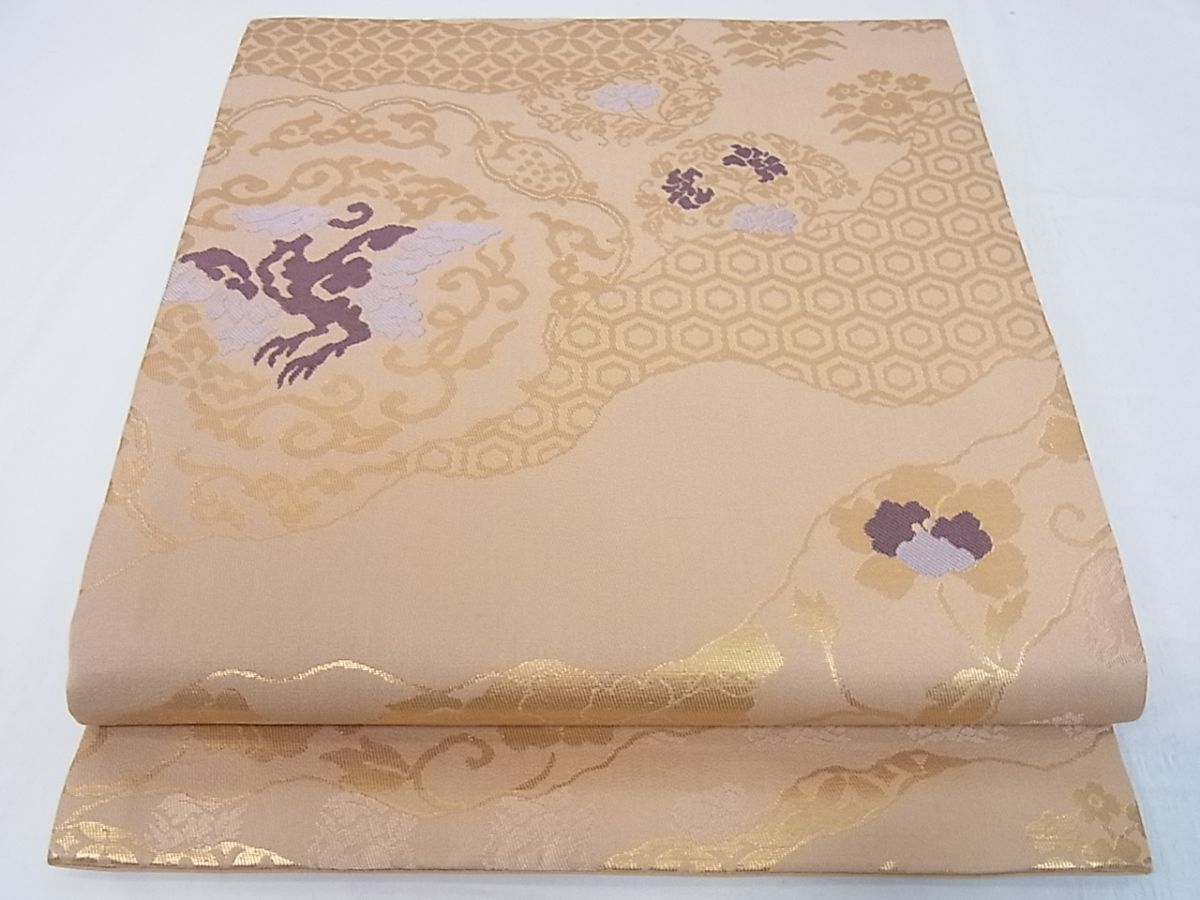 着物おきな★未使用品　九寸開き名古屋帯　吉祥鳳凰花文　金糸　正絹　美品★yy1063_画像1